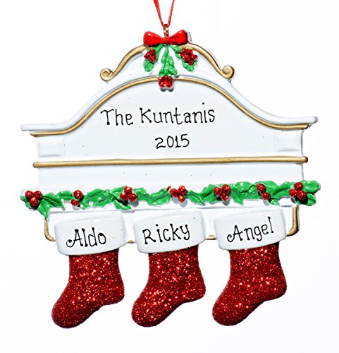 Family 3 (three) Person Personalized Holiday Christmas Stocking On Mantle Tree Ornament-Free Names Personalized – Shipped In One Day