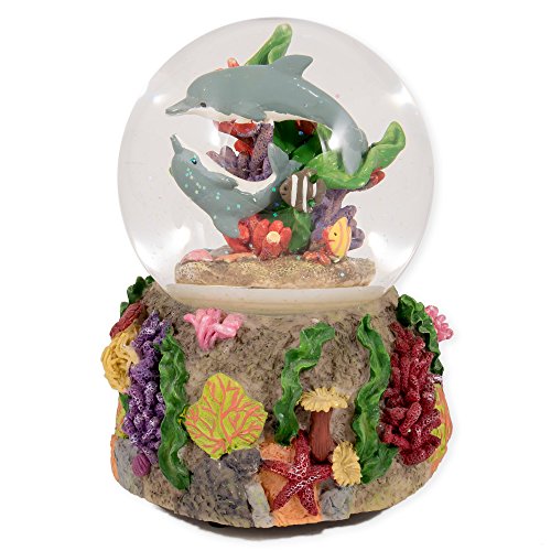 Dolphins Playing in the Reef Glass Musical Snow Globe Plays Song By the Beautiful Sea