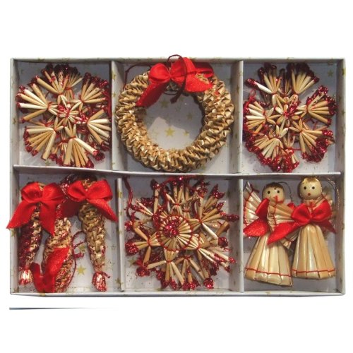 Christmas Straw Ornaments – Set of 16 pieces, Red Accents