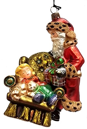Santa Looking Over Sleeping Girl Polish Glass Christmas Ornament Decoration
