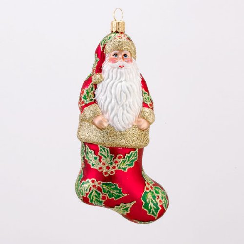 David Strand Designs Glass Cozy Claus Holly Santa Christmas Stocking Ornament