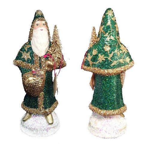 Ino Schaller Paper Mache Santa in Green and Gold Glitter Coat Christmas Candy Container