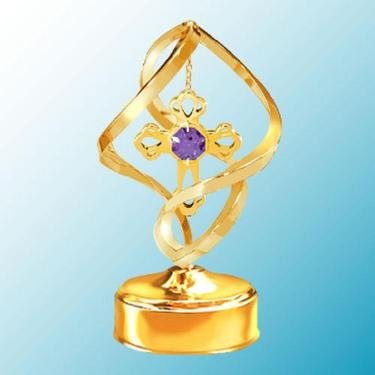 24K Gold Spiral Cross Music Box – Purple Swarovski Crystal