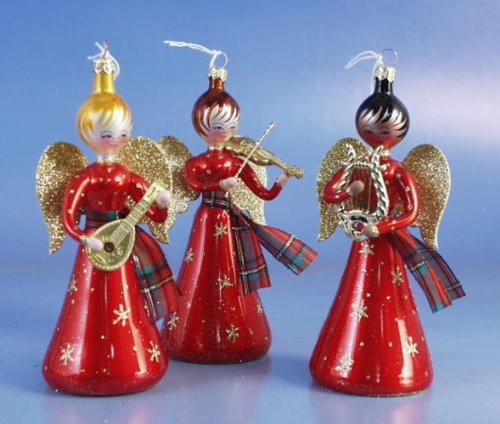 De Carlini Set of 3 Angels in Red Italian Mouthblown Glass Christmas Ornaments