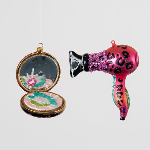 Blow Dryer and Mirror Compact Christmas Ornament Set of 2