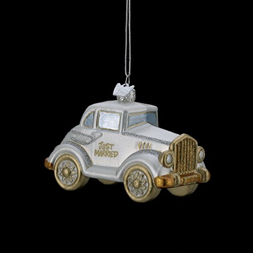 4.5″ NOBLE GEMS GLASS GLITTERED “JUST MARRIED” WEDDING CAR ORNAMENT