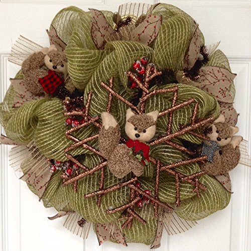 Twig Snowflake with Raz Fox Ornaments Handmade Winter Burlap Deco Mesh Wreath