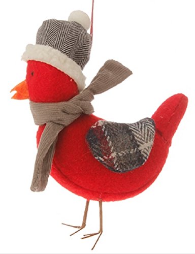 4.75″ Alpine Chic Red Bird with Gray Scarf and Plaid Wings Christmas Ornament