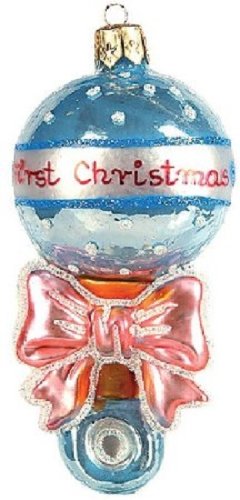 Blue Baby Boy Rattle Polish Glass Christmas Ornament Made in Poland Decoration
