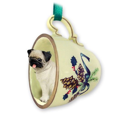 Pug Fawn Tea Cup Green Holiday Ornament