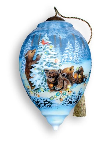 Playful Bears Hand Painted Glass Ornament