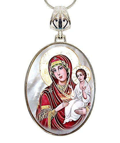 G. Debrekht Lady of Light Silver-Plated Mother-of-Pearl Cabochon Oval Pendant with Chain Figurine, 18″