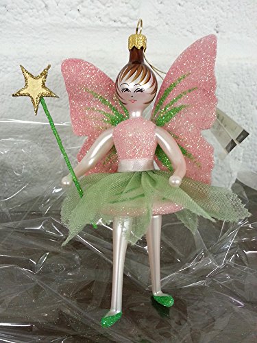 De Carlini Green and Pink Fairy Italian Mouthblown Glass Christmas Ornament