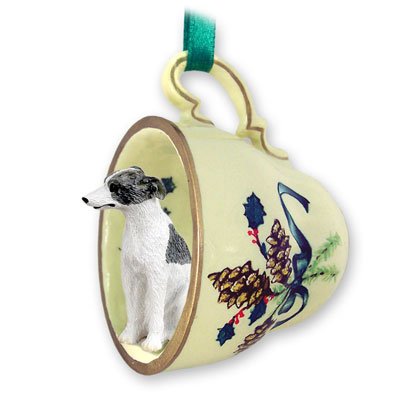 Whippet Gray & White Tea Cup Green Holiday Ornament