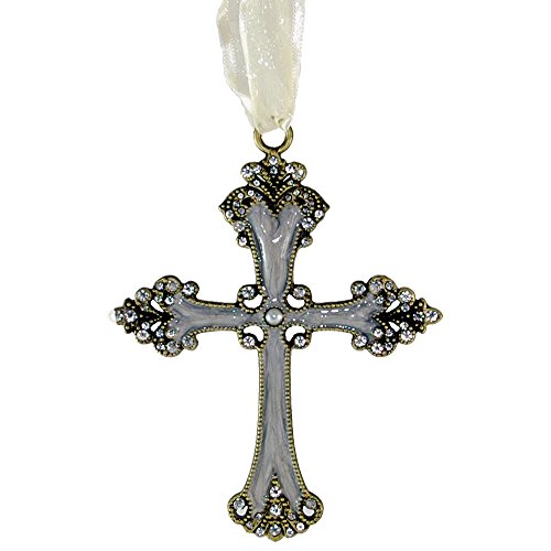 Embellished Pewter Cross Ornament in White with Gemstones and Ribbon Loop