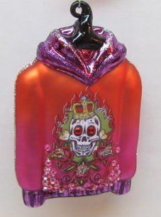December Diamonds Sweet Skull Hoodie Ornament. Skull has Red Rhinestone Eyes. This is Blown Glass & Handpainted. The Perfect Christmas Ornament for the Teenager or Young Man in Your Life!
