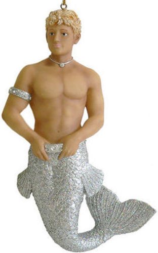 December Diamonds “Zircon” Young Blond Shirtless Merman Ornament Embellished with Rhinestones & Silver Glittered Tail!Beautiful & Hot!!!