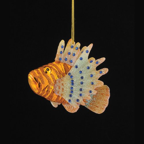 3.75″ Noble Gems Glittered Orange and Blue Glass Lion Fish Christmas Ornament
