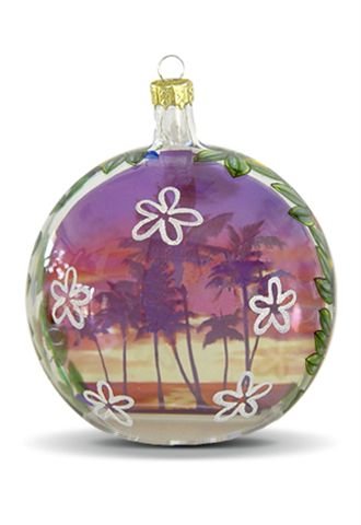 Hawaiian Palm Tree Sunset Plumeria Glass Ornament