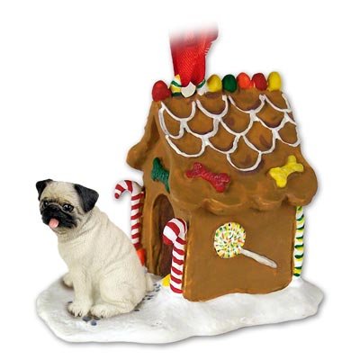 Fawn Pug Dogs Gingerbread House Christmas Ornament