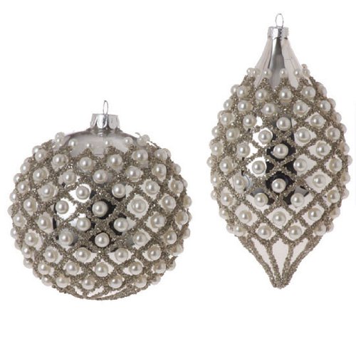 RAZ Imports – Silver With Pearls Diamond Design Glass Ornaments