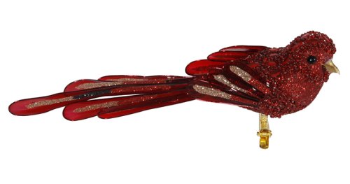 Vickerman Red Beaded Clip-On Bird Figure Christmas Ornament, 8″