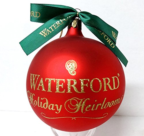 Large 4″ Vintage Waterford Red Logo Glass Christmas Ornament with Gold Glitter