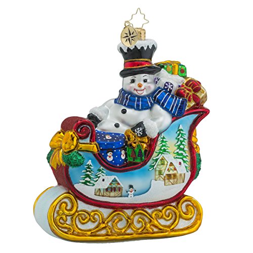 Christopher Radko Snowy Gift Sleigh Ride Snowman and Sleigh Christmas Ornament