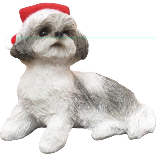 Sandicast Silver and White Shih Tzu with Santa Hat Christmas Ornament