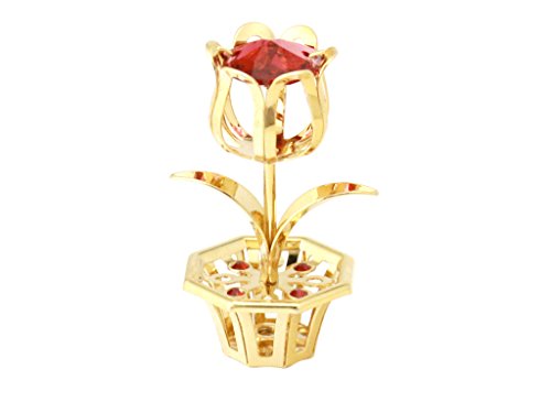 24k Gold Plated Little Flower in Vase Free Standing w/Red Swarovski Crystal