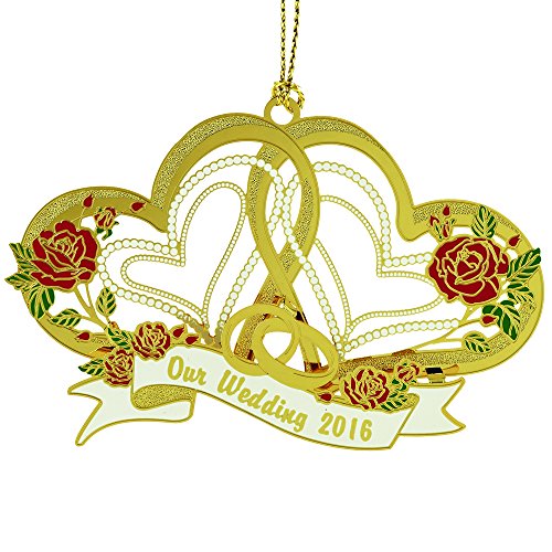 2016 Our Wedding Hanging Christmas Ornament, Solid Brass Finished 24 karat gold