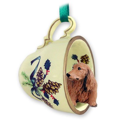 Dachshund Longhaired Red Tea Cup Green Holiday Ornament