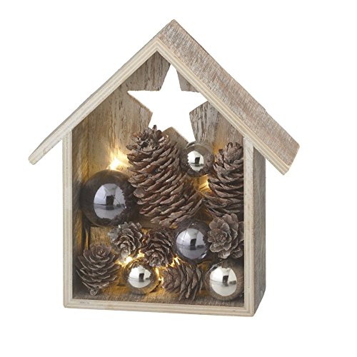 Lighted LED House with Star – Ornaments and Pine Cones – Illuminated Table Christmas Decoration – -in