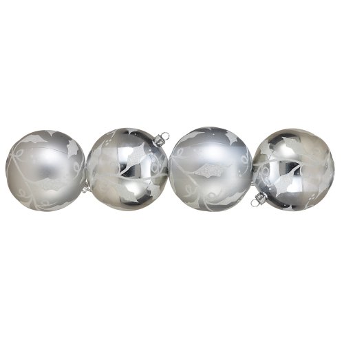 Kurt Adler Shatterproof Silver with White Leaves Ball Ornament, 80mm, Set of 4