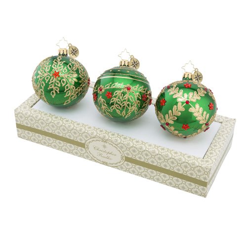 Christopher Radko Boxed Glass Ball Ornament Set Green w/ Gold Leaf