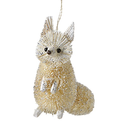 4.5″ Snowy Winter Glitter Embellished Wooden Bristled Snow Fox Christmas Ornament