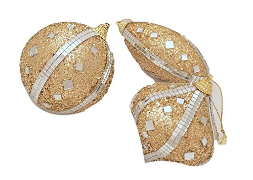 Christmas Ornament for Your House Xmas Decorations. Gold Sparkle with Mirrored Diamonds. Reflecting From the Tree Lights. The Christmas Ornaments Set Contains 3 Shapes of Oval, Diamond and Round