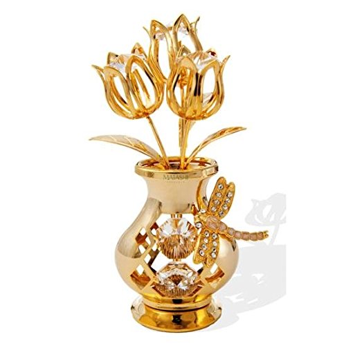 Matashi 24K Gold Plated Flowers In A Vase Table Top Ornament With Clear-Cut Crystals (Dragonfly, Clear Crystals)