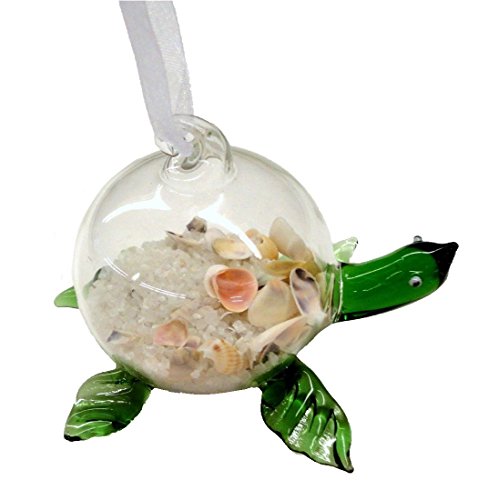 Glass Turtle Ornament with Sand and Shells Seashells (Green)