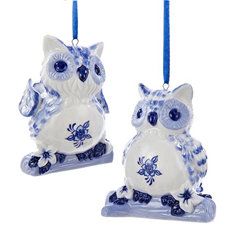 Delft Blue Owls Old World Christmas Holiday Ornaments Set of 2