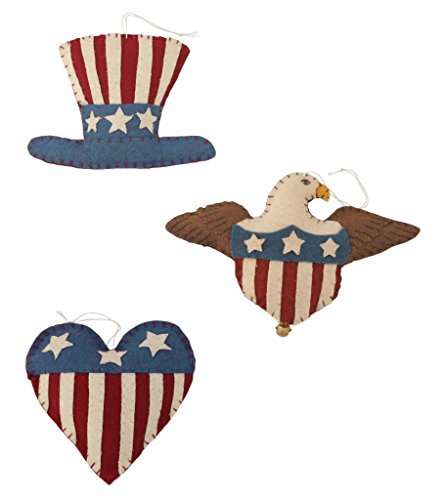 Bethany Lowe Sweet Land of Liberty Collection Americana Wool Ornaments Eagle Heart Hat, Set of 3