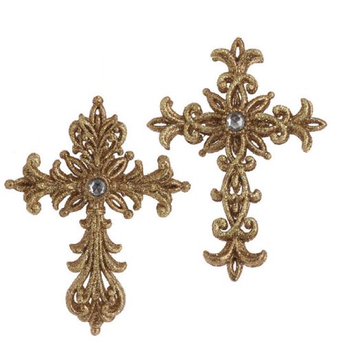 RAZ Imports – Jeweled Antique Gold Cross Ornaments 5″