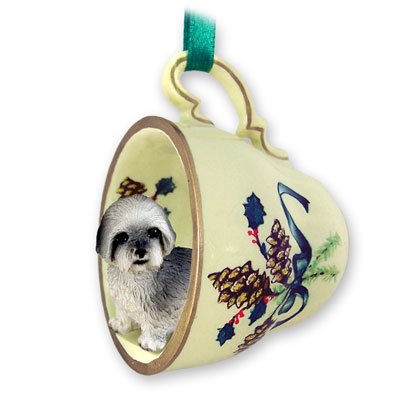 Lhasa Apso Gray W/sport Cut Tea Cup Green Holiday Ornament