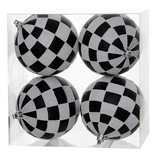 Vickerman Checkered Glitter Ball Ornaments, 4.7-Inch, Black and White, 4-Pack