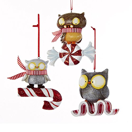 Kurt Adler Resin Owl On Peppermint Candy Christmas Ornament – Set of 3 – D2316