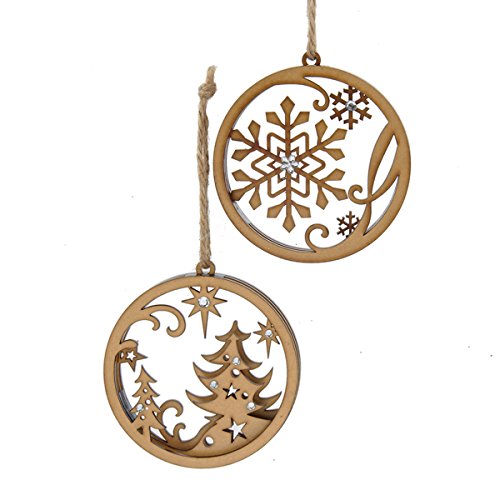 Kurt Adler 4″ Wooden Brown Circle W/tree & Snowflake Ornaments 2/asstd.