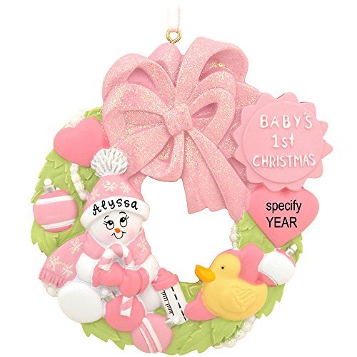 Pink Baby’s First Christmas Wreath Personalized Ornament by Santa’s Personalized Gifts