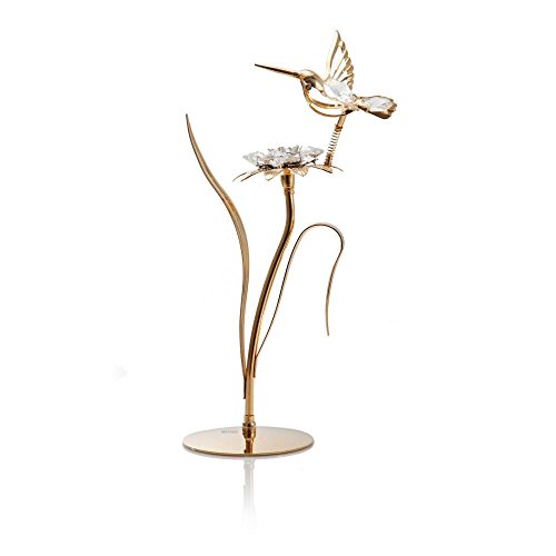 24K Gold Plated Crystal Studded Flower Ornament with Hummingbird Figurine by Matashi® (Clear Cut Crystals)