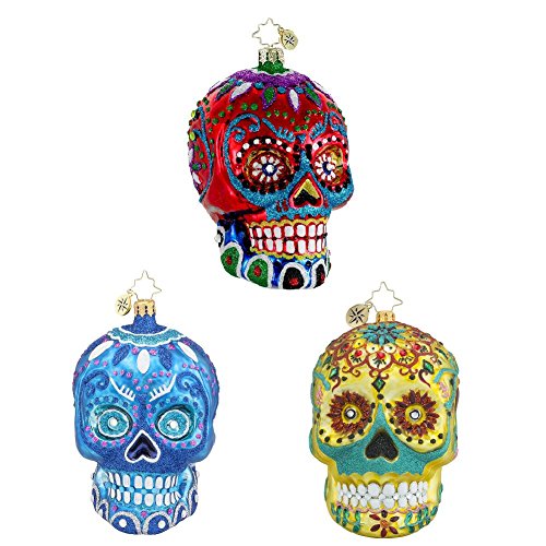 Christopher Radko La Calavera, Blue La Calavera & Calavera de Oro Skeleton Head Themed Glass Christmas Ornaments – Set of 3