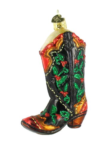 Old World Christmas Holly Berry Cowboy Boot Glass Blown Ornament